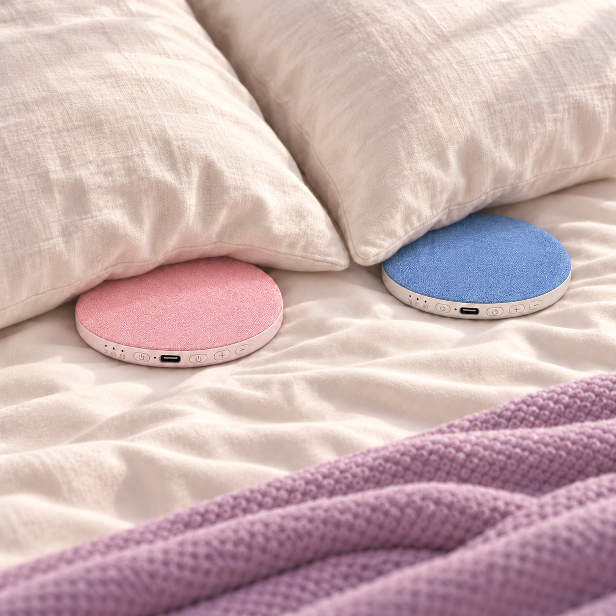 Pink and blue Lunelle speakers, each tucked beneath its own cream pillow
