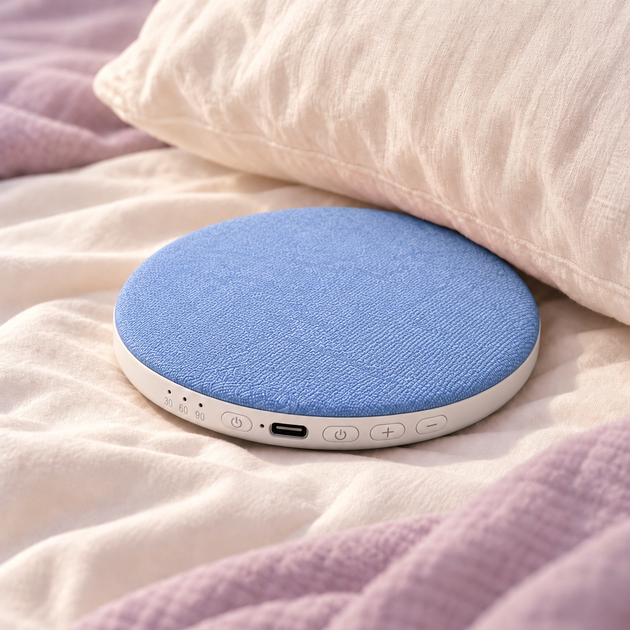 Blue Lunelle pillow speaker with its controls visible beside a cream pillow