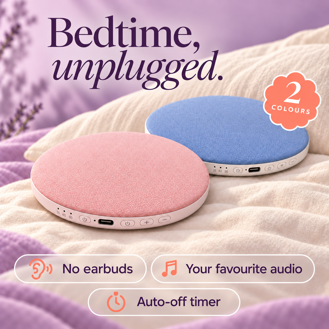 Pink and blue Lunelle pillow speakers. Bedtime, unplugged. No earbuds, your favourite audio and auto-off timer.